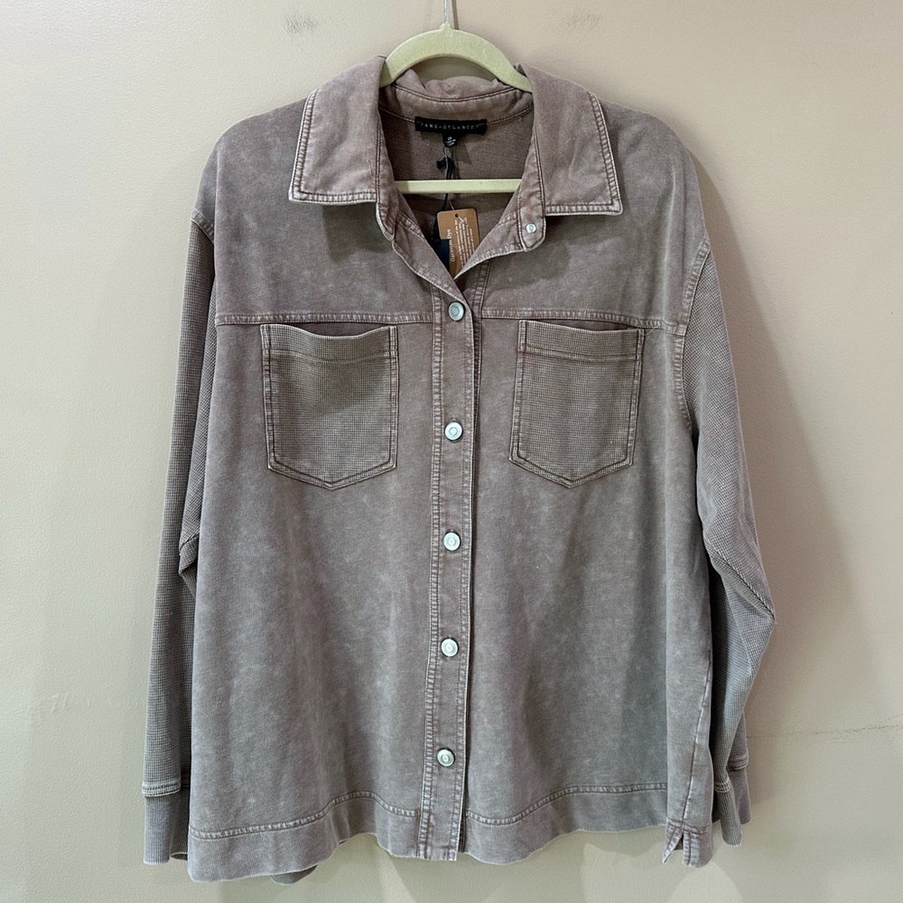 Jane Delancey Women's Plus 2X washed Brown Knit Button Down Shirt Jacket Top New